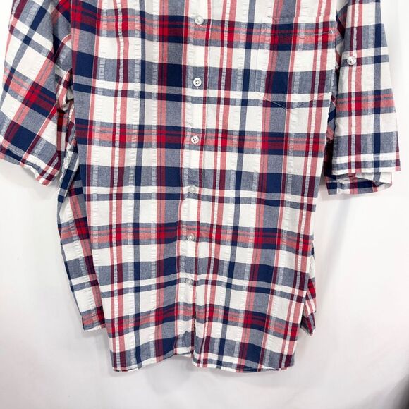Woman Within Plus Size 3X Top 30W 32W Plaid Red Blue White Cotton Button Up 1578 - Picture 5 of 7